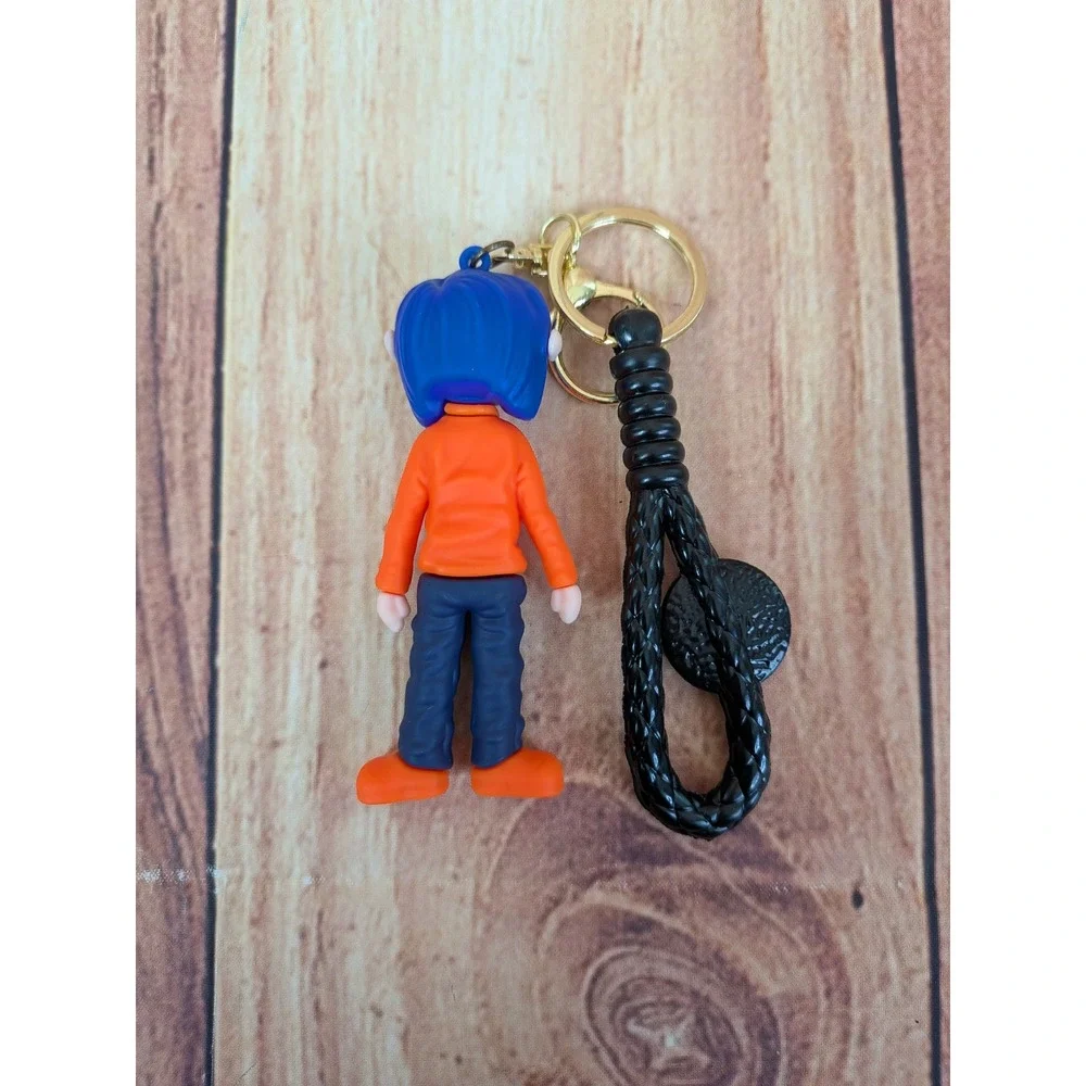 Coraline Mood Doll 3D Keychain with Blue Hair Orange‎ Shirt Button Accessory